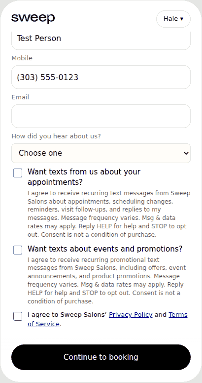 Sweep Salons online booking text sign-up with two separate unchecked boxes
