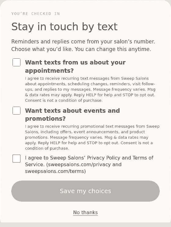 Sweep Salons check-in iPad text sign-up with two separate unchecked boxes