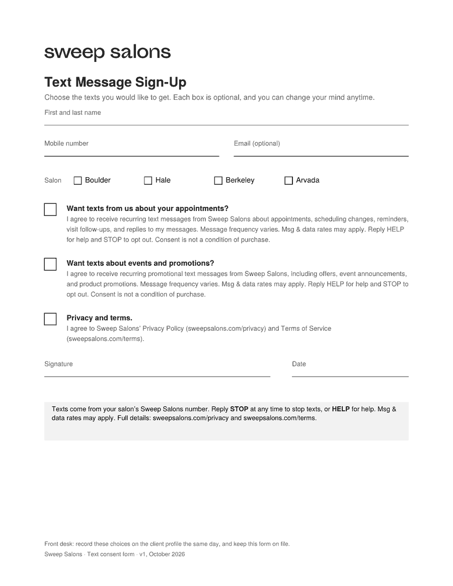 Sweep Salons paper text sign-up form